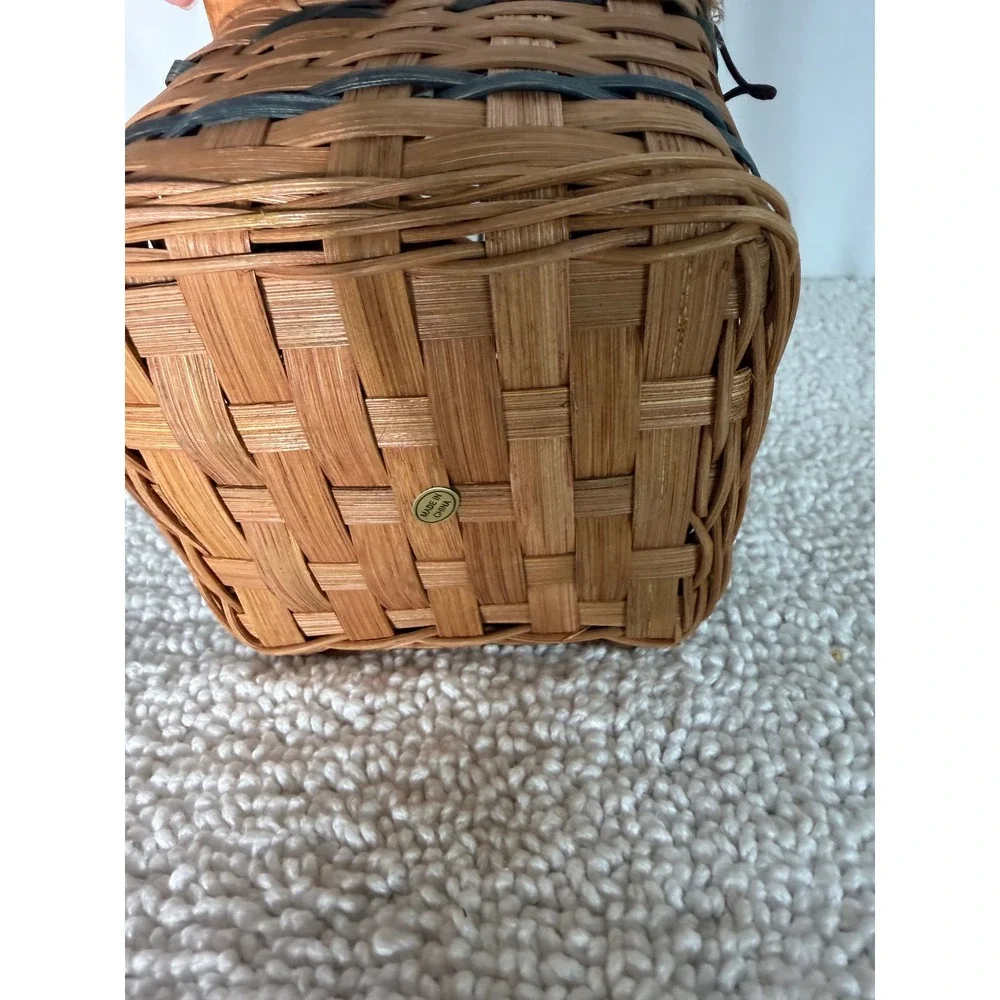Vintage Rustic Woven Square Kleenex Basket with Wood Heart Lid and Metal Handle
